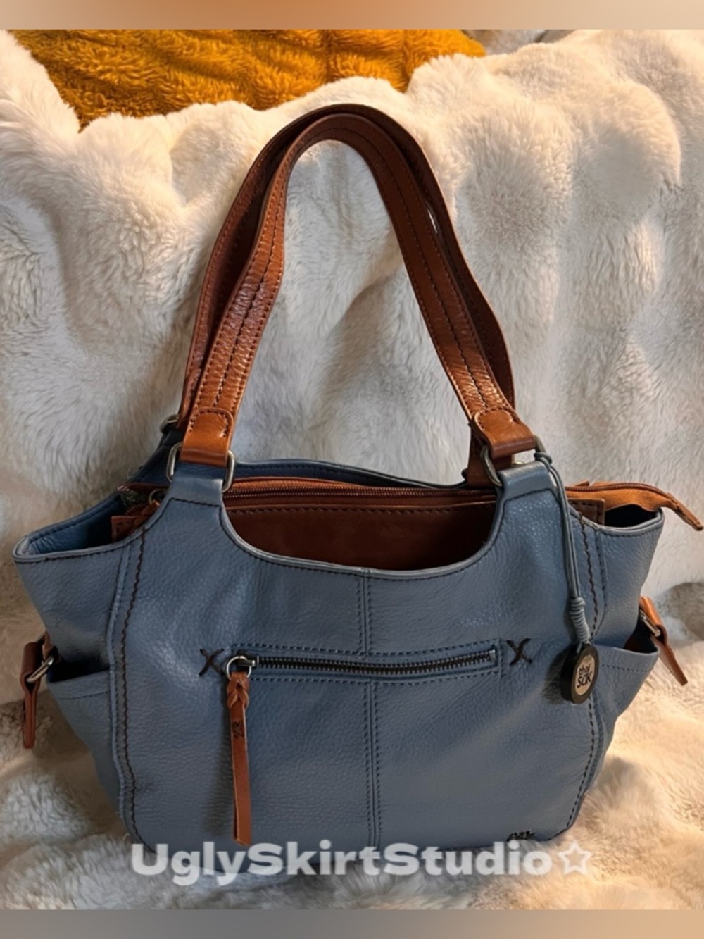 The Sak Kendra Blue Leather Satchel - Slouchy Boho Hobo Bag Coastal Grandma EUC